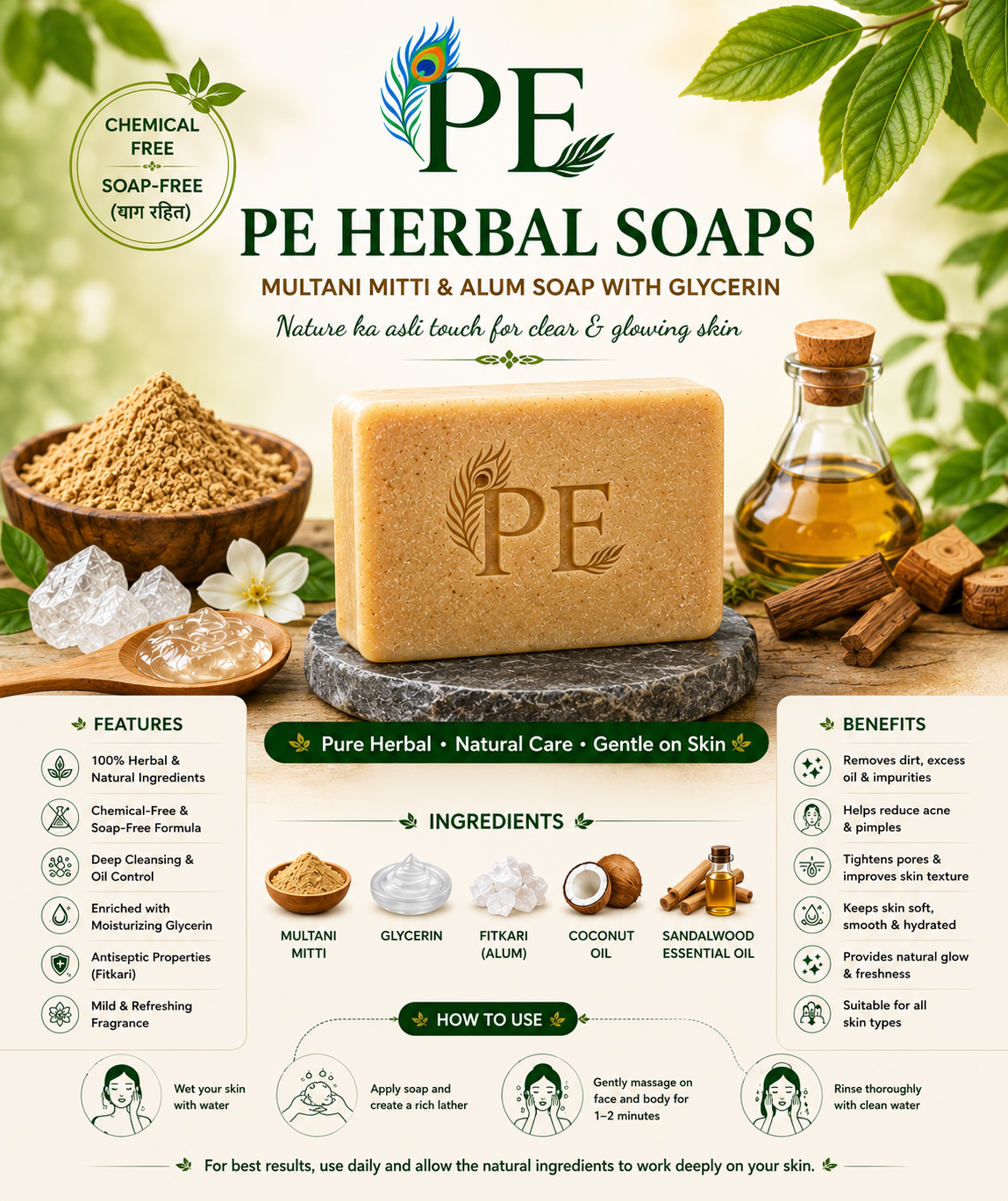 PE Herbal Soaps Multani Mitti & Alum Soap with Glycerin | Chemical Free & Soap-Free Herbal Bath Soap for Deep Cleansing, Oil Control & Glowing Skin