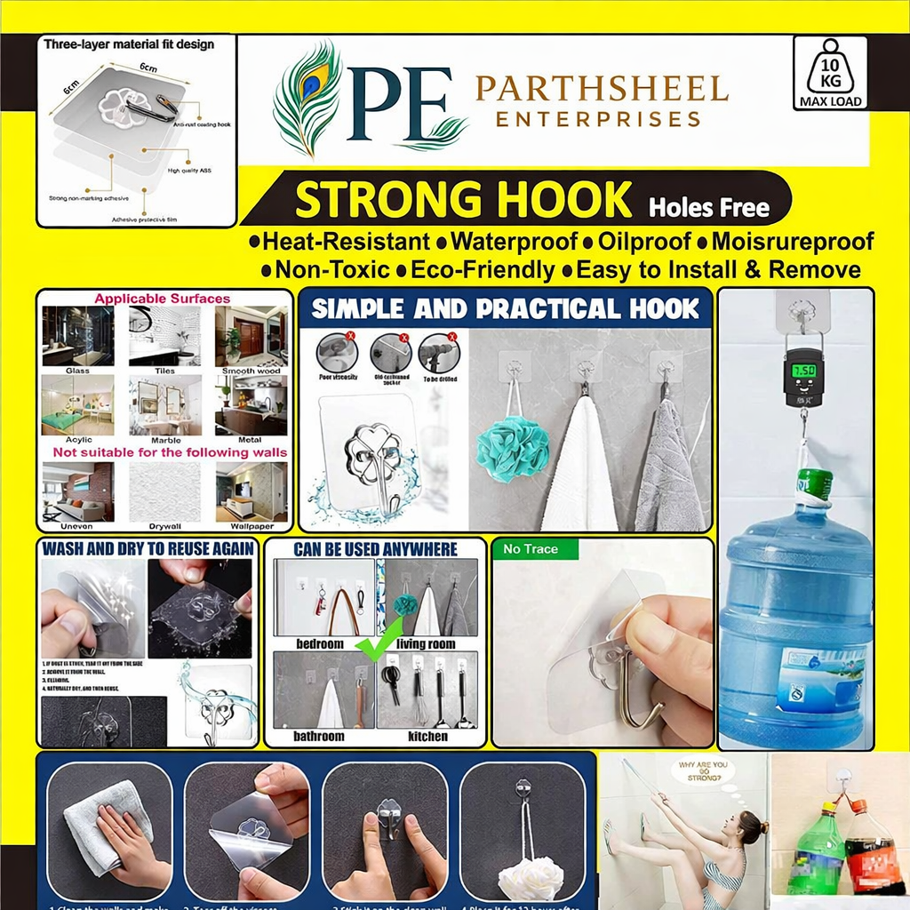Strong Self Sticky Wall 5kg Load Capacity for Kitchen And Bathroom Hook