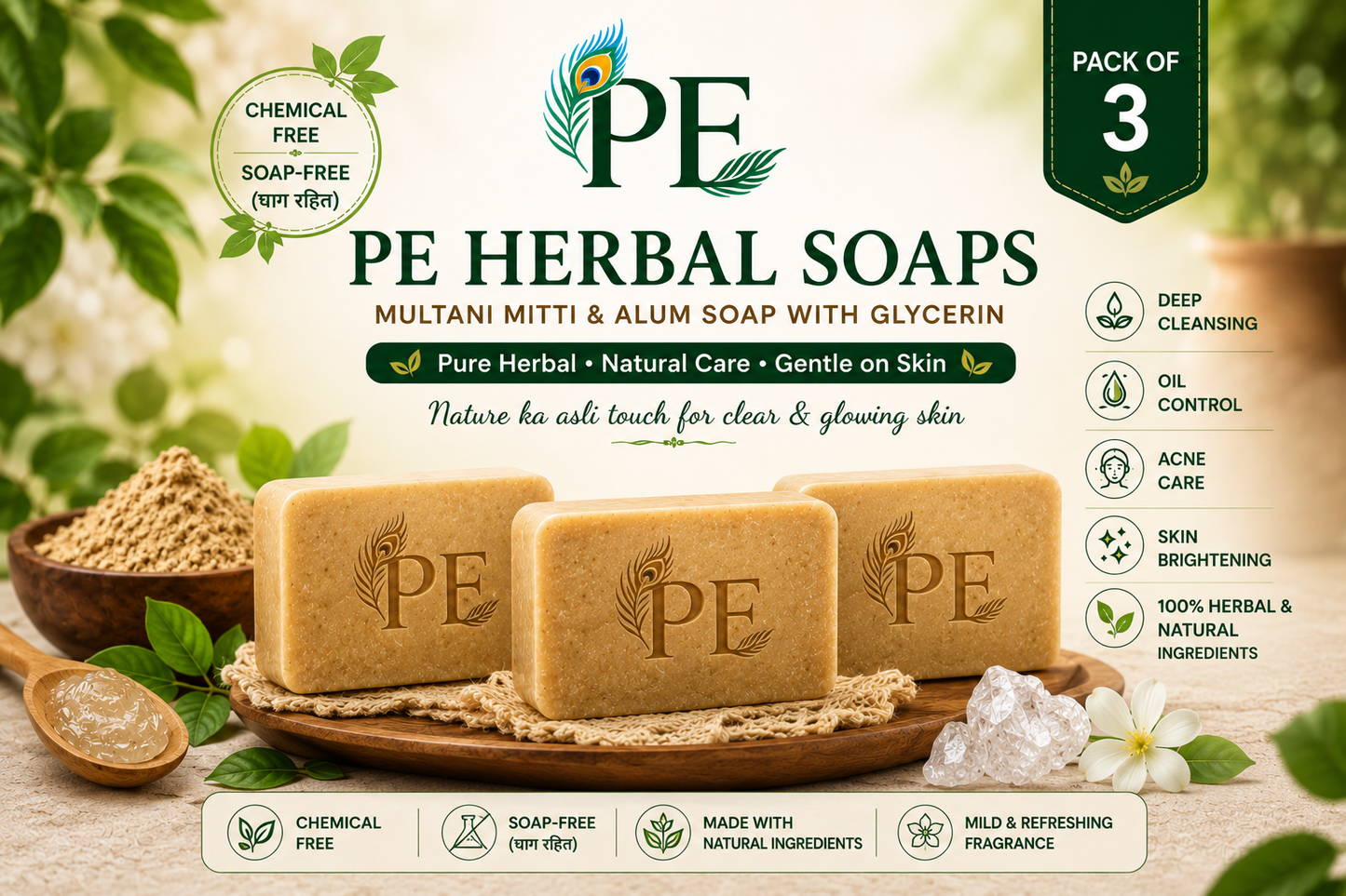 PE Herbal Soaps Multani Mitti & Alum Soap with Glycerin | Chemical Free & Soap-Free Herbal Bath Soap for Deep Cleansing, Oil Control & Glowing Skin